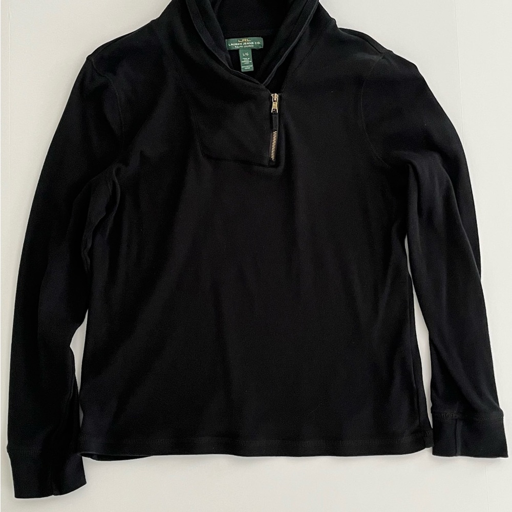 Lauren Jeans Co Ralph Lauren Black Shawl Collared Shirt Offset Zipper Large Cozy
